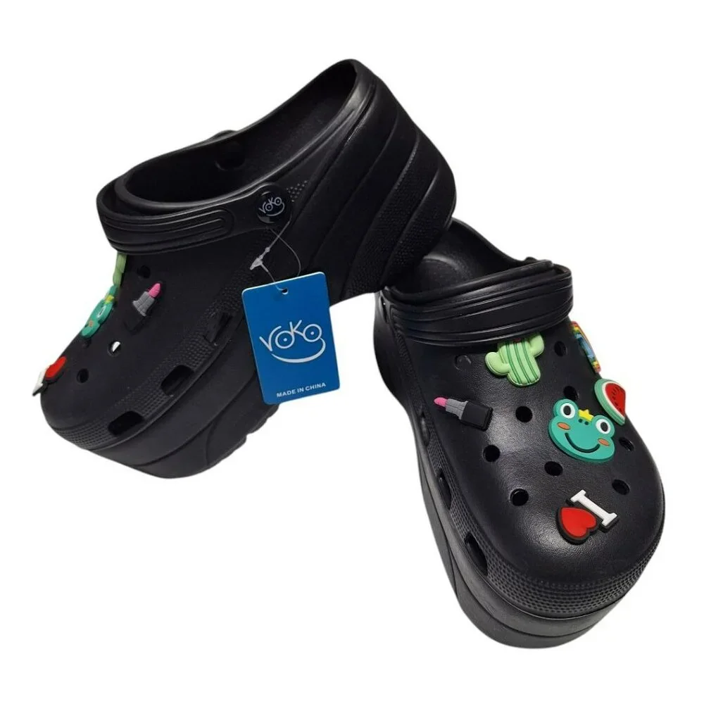 Voko Platform Rubber Clog Charms Embelished Black Basic Womens Size 38 Strap - Picture 10 of 11